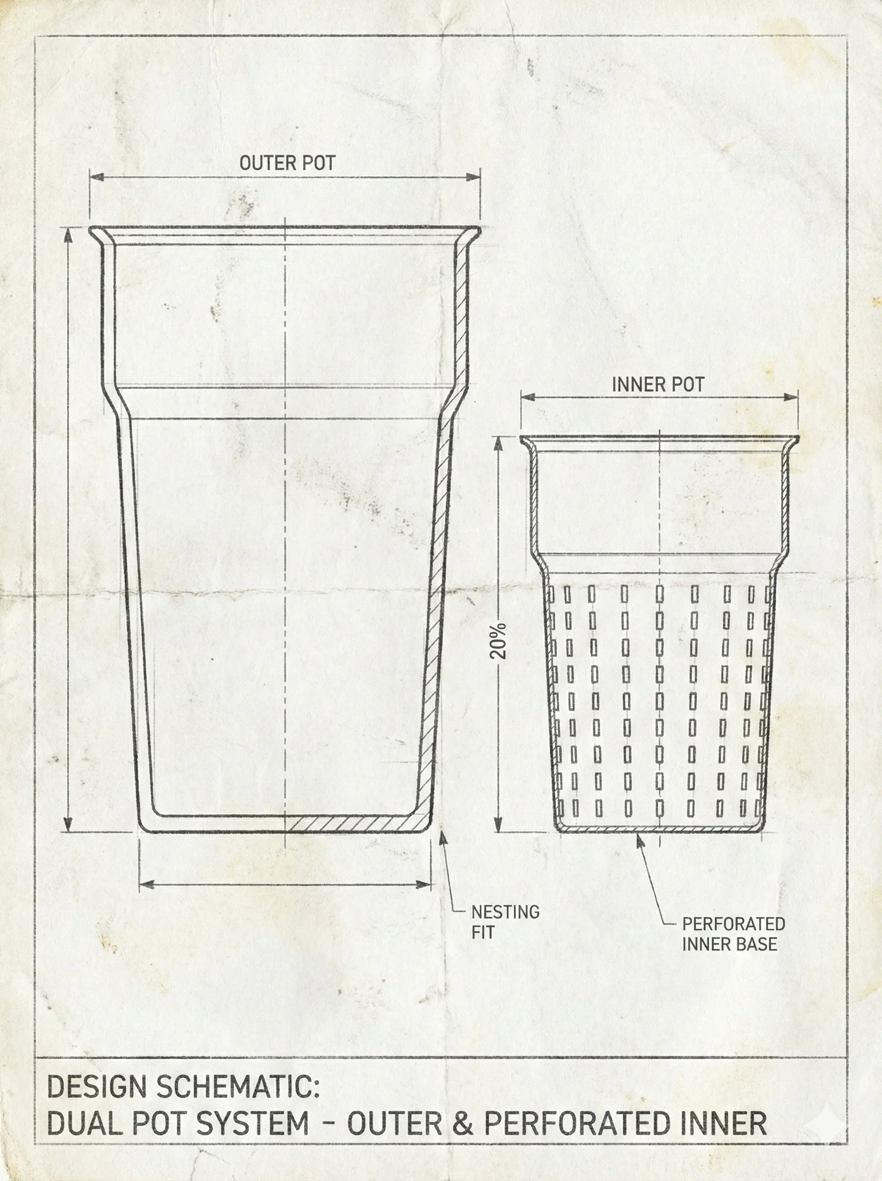 Technical drawing of dual pot system with outer pot and perforated inner pot for airflow and drainage.