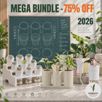 A digital file bundle labelled MEGA BUNDLE -75% OFF 2026 featuring a dark green grid pattern with white outlines of cylindrical plant pots. Below are physical white tiered stands holding small clear plastic pots and beige self-watering pots.