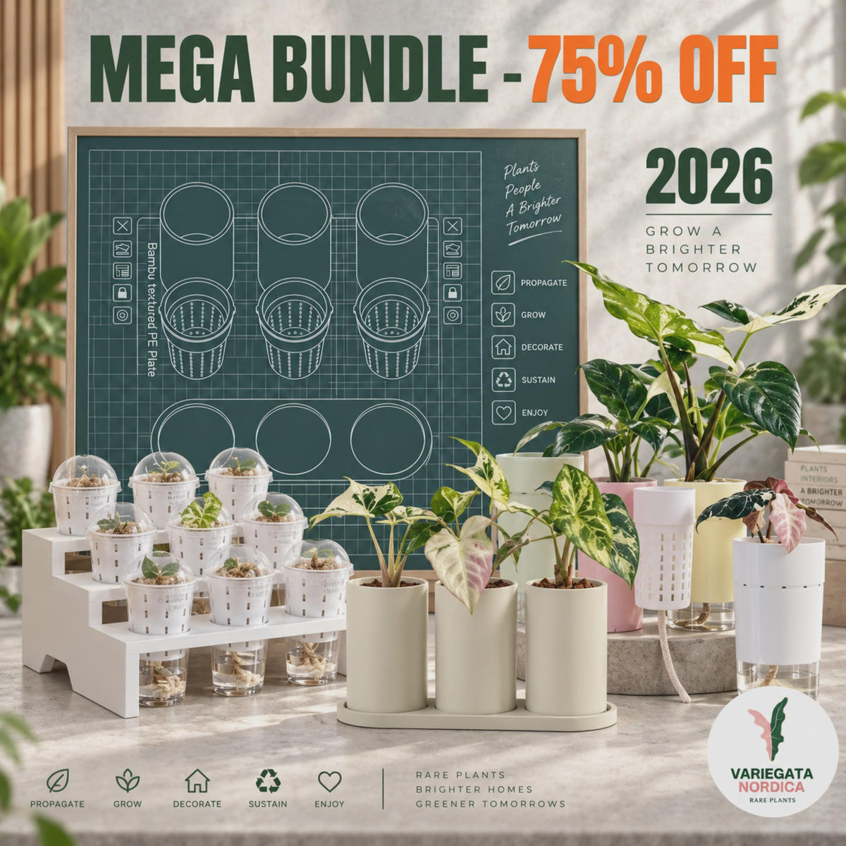 A digital file bundle labelled MEGA BUNDLE -75% OFF 2026 featuring a dark green grid pattern with white outlines of cylindrical plant pots. Below are physical white tiered stands holding small clear plastic pots and beige self-watering pots.