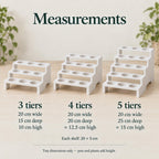 Dimensions of three white propagation trays: all 20 cm wide. Three tiers measure 15 cm deep and 10 cm high; four tiers 20 cm deep and approximately 12.5 cm high; five tiers 25 cm deep and approximately 15 cm high. Each shelf measures 20 × 5 cm.