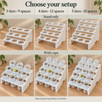 Comparison of white propagation trays with three, four or five tiers, holding nine, twelve or fifteen cups. Each size is shown empty and with clear domed humidity cups, illustrating stand-only and cup-kit options. Plants and growing medium not included.