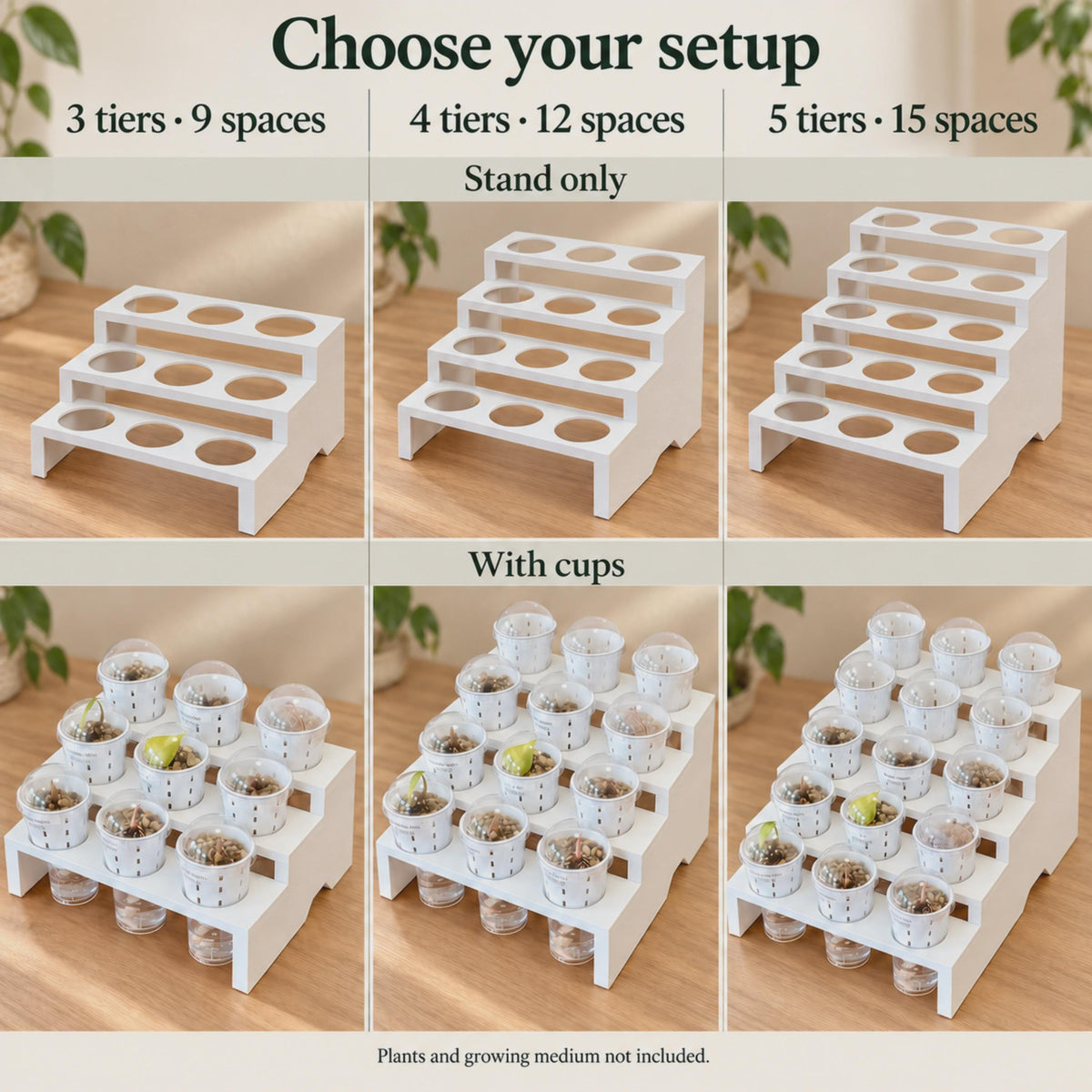 Comparison of white propagation trays with three, four or five tiers, holding nine, twelve or fifteen cups. Each size is shown empty and with clear domed humidity cups, illustrating stand-only and cup-kit options. Plants and growing medium not included.
