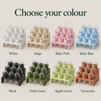 Eight three-tier propagation trays with matching slotted inner pots in White, Beige, Baby Pink, Baby Blue, Black, Dark Green, Apple Green and Terracotta. Each tray holds nine clear cups with transparent dome lids and beige cotton wicks.