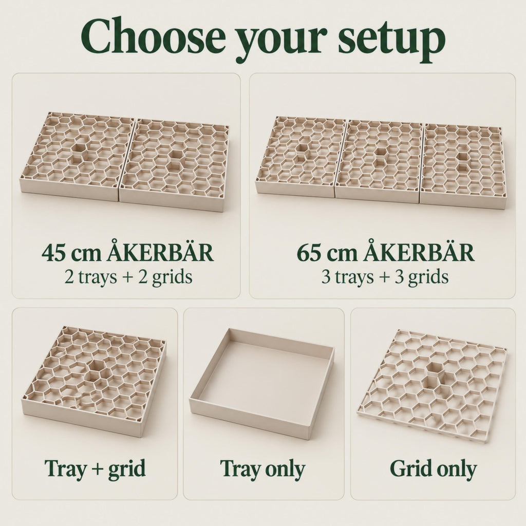 Beige modular drip tray options arranged in five panels: two trays with grids for the 45 cm ÅKERBÄR, three trays with grids for the 65 cm ÅKERBÄR, one tray with grid, an empty tray alone and a separate honeycomb grid.