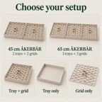 Beige modular drip tray options arranged in five panels: two trays with grids for the 45 cm ÅKERBÄR, three trays with grids for the 65 cm ÅKERBÄR, one tray with grid, an empty tray alone and a separate honeycomb grid.