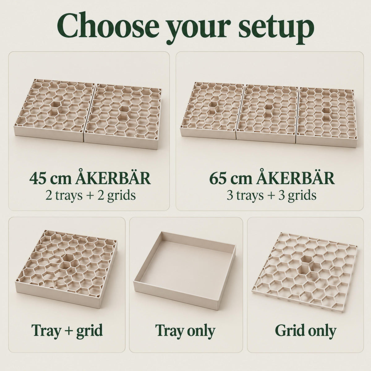 Beige modular drip tray options arranged in five panels: two trays with grids for the 45 cm ÅKERBÄR, three trays with grids for the 65 cm ÅKERBÄR, one tray with grid, an empty tray alone and a separate honeycomb grid.