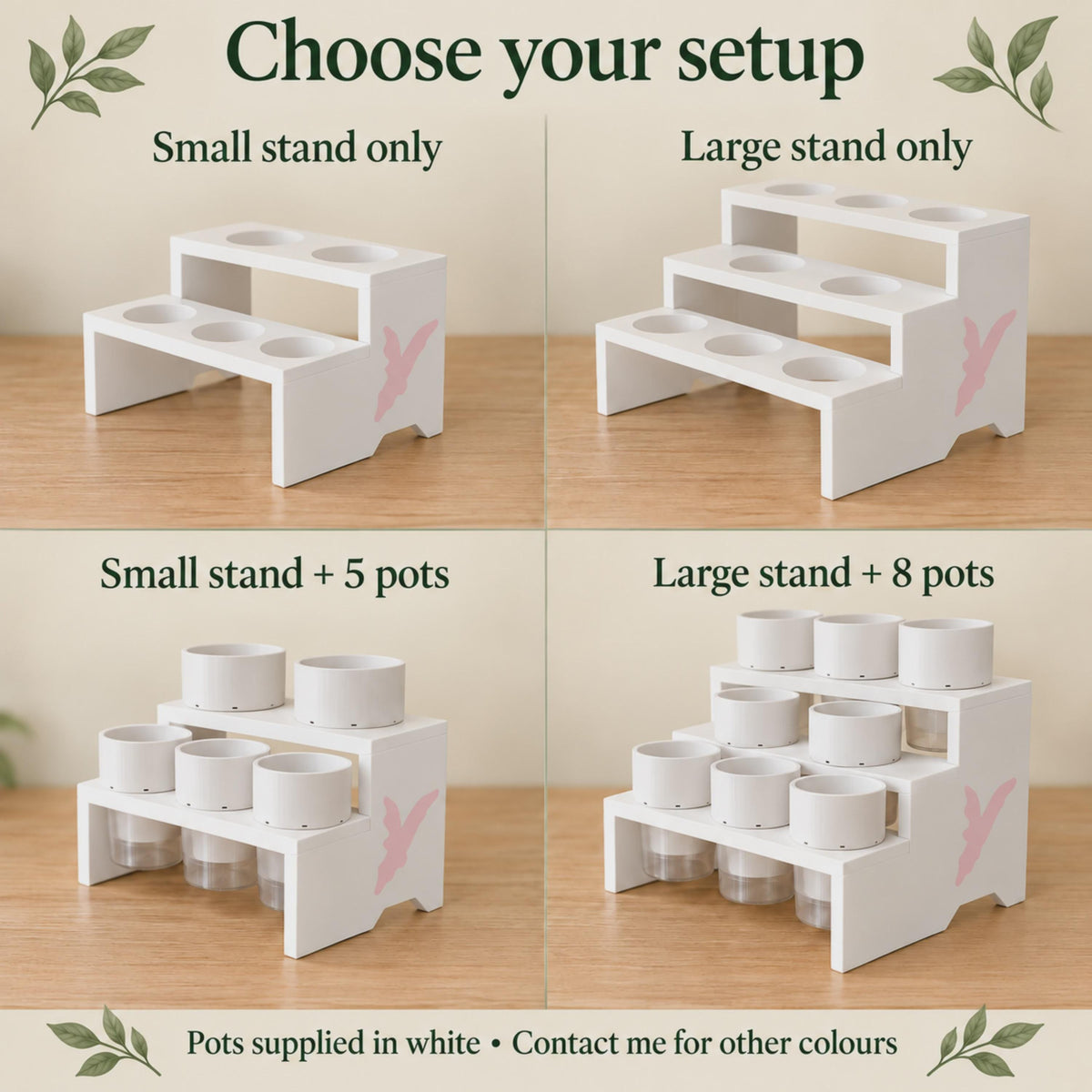 Comparison of small two-tier and large three-tier plant stands, shown empty and with white self-watering pots. The small stand has five openings and the large eight. Included pots have semi-clear reservoirs; text notes that pots are supplied in white.