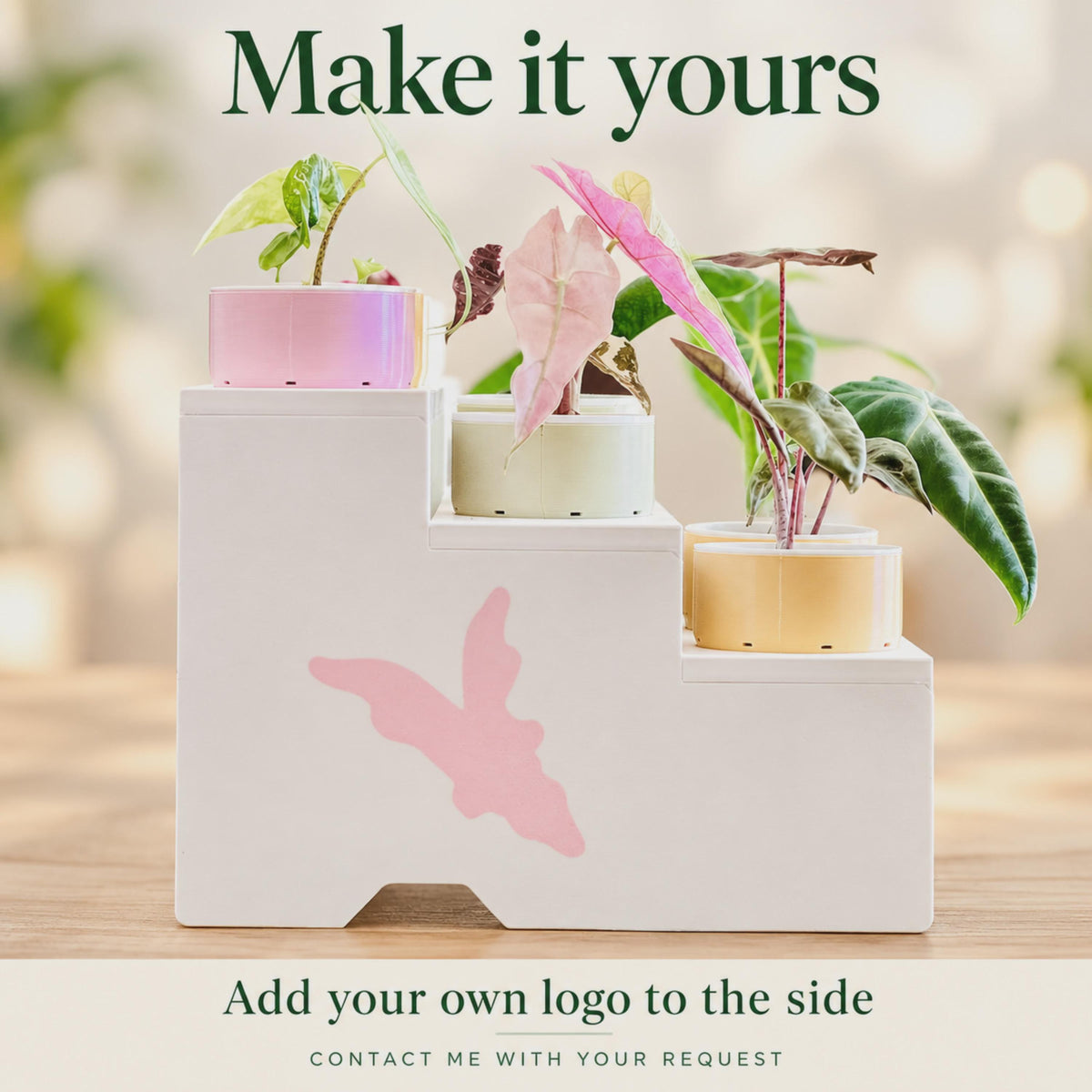 Side view of a white three-tier plant stand featuring a large pink leaf logo and a bevelled opening along its bottom edge. Pastel pots hold variegated Alocasia plants. Text invites customers to request their own logo for the side panel.