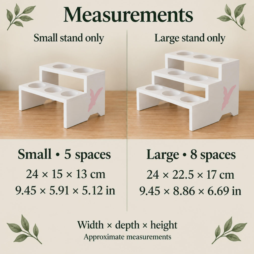Small five-pot and large eight-pot display stands with dimensions in centimetres and inches. Small: 24 × 15 × 13 cm, or 9.45 × 5.91 × 5.12 inches. Large: 24 × 22.5 × 17 cm, or 9.45 × 8.86 × 6.69 inches, listed as width, depth and height.