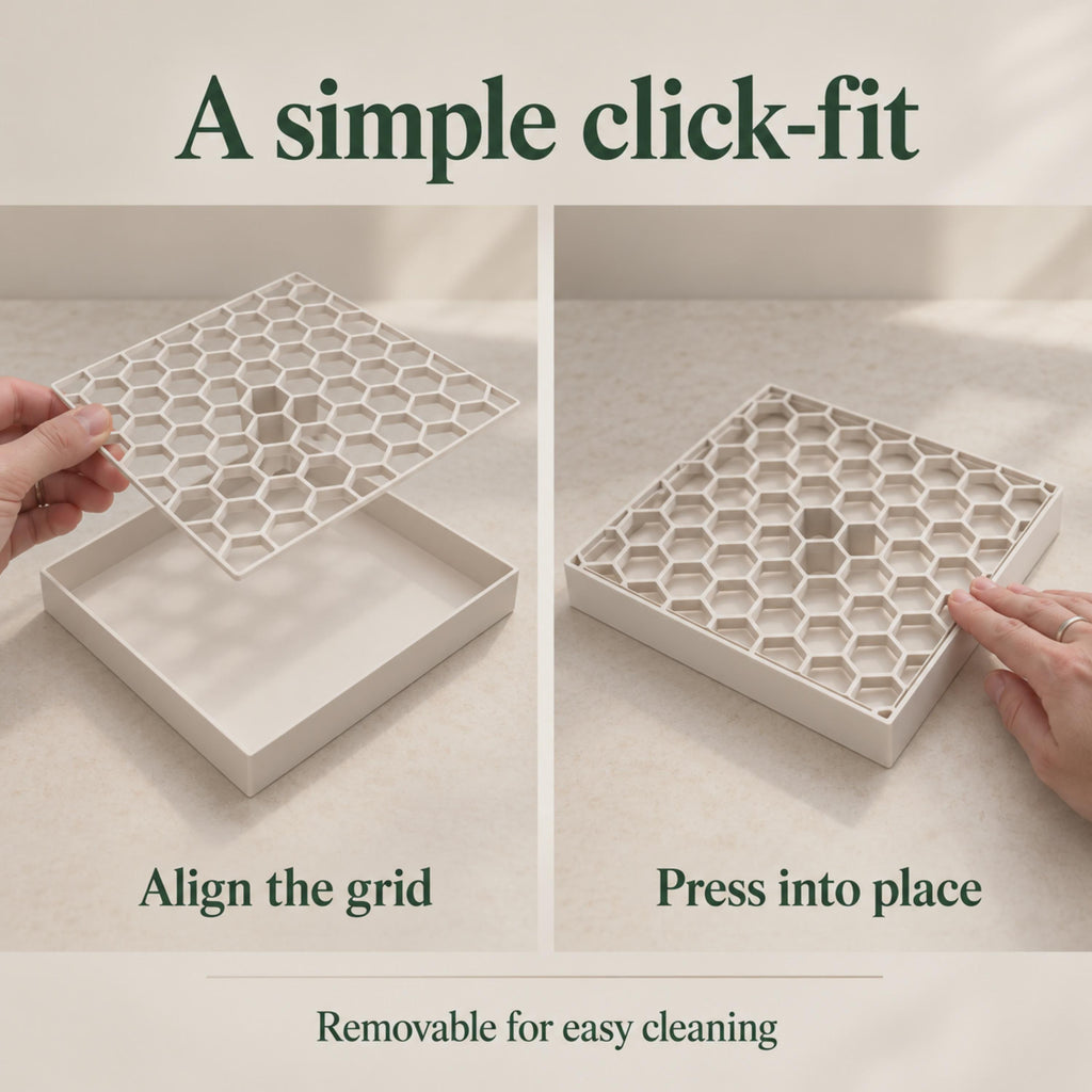 Two views demonstrate fitting the removable honeycomb grid into its shallow drip tray. On the left, a hand aligns the grid above the tray; on the right, a hand presses its edge into place. The grid can be removed for cleaning.