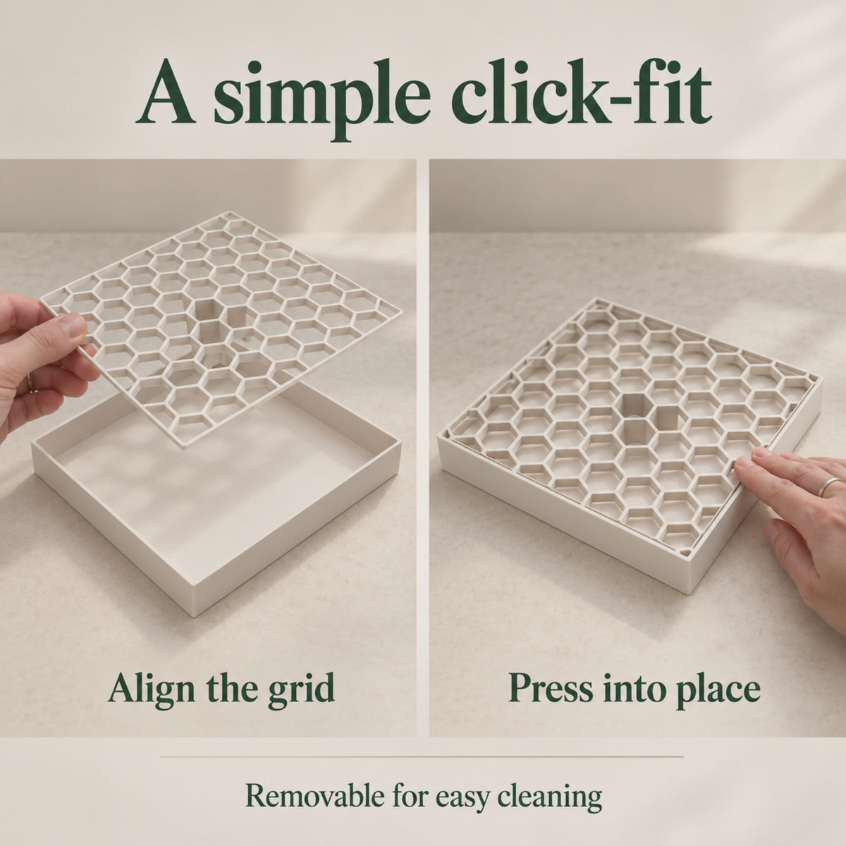 Two views demonstrate fitting the removable honeycomb grid into its shallow drip tray. On the left, a hand aligns the grid above the tray; on the right, a hand presses its edge into place. The grid can be removed for cleaning.