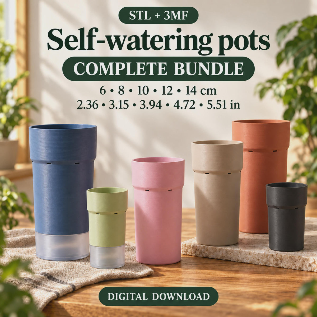 Six slender self-watering pots in navy, pistachio, pink, beige, terracotta and black, arranged on wood and stone in warm sunlight. Navy and green pots feature semi-clear reservoirs. Text advertises an STL and 3MF digital bundle in 6, 8, 10, 12 and 14 cm sizes, with inch equivalents.
