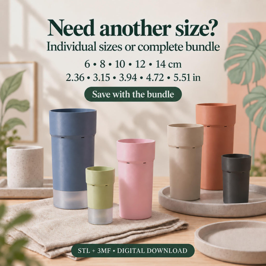 Different-sized self-watering pots displayed on linen and stone, including two with semi-clear reservoirs. Text lists 6, 8, 10, 12 and 14 cm sizes with inch equivalents, available as individual STL and 3MF downloads or together in a money-saving bundle.