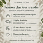 Branded Variegata Nordica Etsy information slide with a soft botanical background, stating dispatch within 3 working days from Denmark, estimated delivery times of 3–7 business days in the EU and 5–9 business days in the US, all taxes and duties prepaid, and a 30-day refund promise.