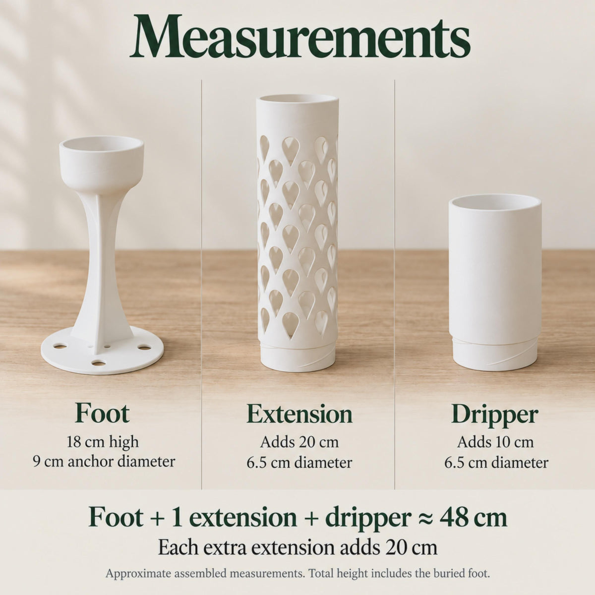 Measurements for the modular white moss pole system: 18 cm foot with 9 cm anchor, 6.5 cm-wide extension adding 20 cm, and 6.5 cm-wide dripper adding 10 cm. One extension creates an assembled height of about 48 cm.