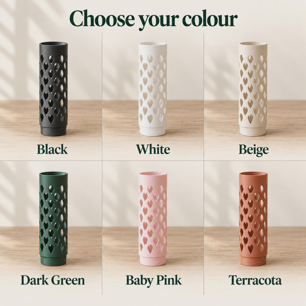 Six available colours for the 3D-printed modular moss pole extension, each shown upright with teardrop ventilation openings: Black, White, Beige, Dark Green, Baby Pink and Terracota.
