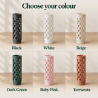 Six available colours for the 3D-printed modular moss pole extension, each shown upright with teardrop ventilation openings: Black, White, Beige, Dark Green, Baby Pink and Terracota.
