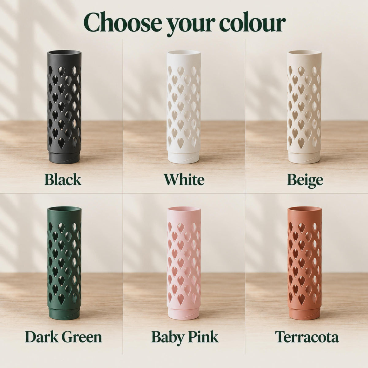 Six available colours for the 3D-printed modular moss pole extension, each shown upright with teardrop ventilation openings: Black, White, Beige, Dark Green, Baby Pink and Terracota.