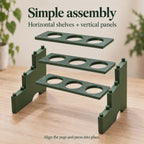 Exploded view of a dark green three-tier propagation tray showing three horizontal shelves, each with three circular cup openings, and two stepped vertical side panels with connecting pegs. Text instructs users to align the pegs and press into place.