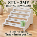 White five-tier propagation stand with 15 cup spaces, beside a green inner pot in a clear domed cup. Text identifies an STL and 3MF digital download containing the tray and inner pot files.