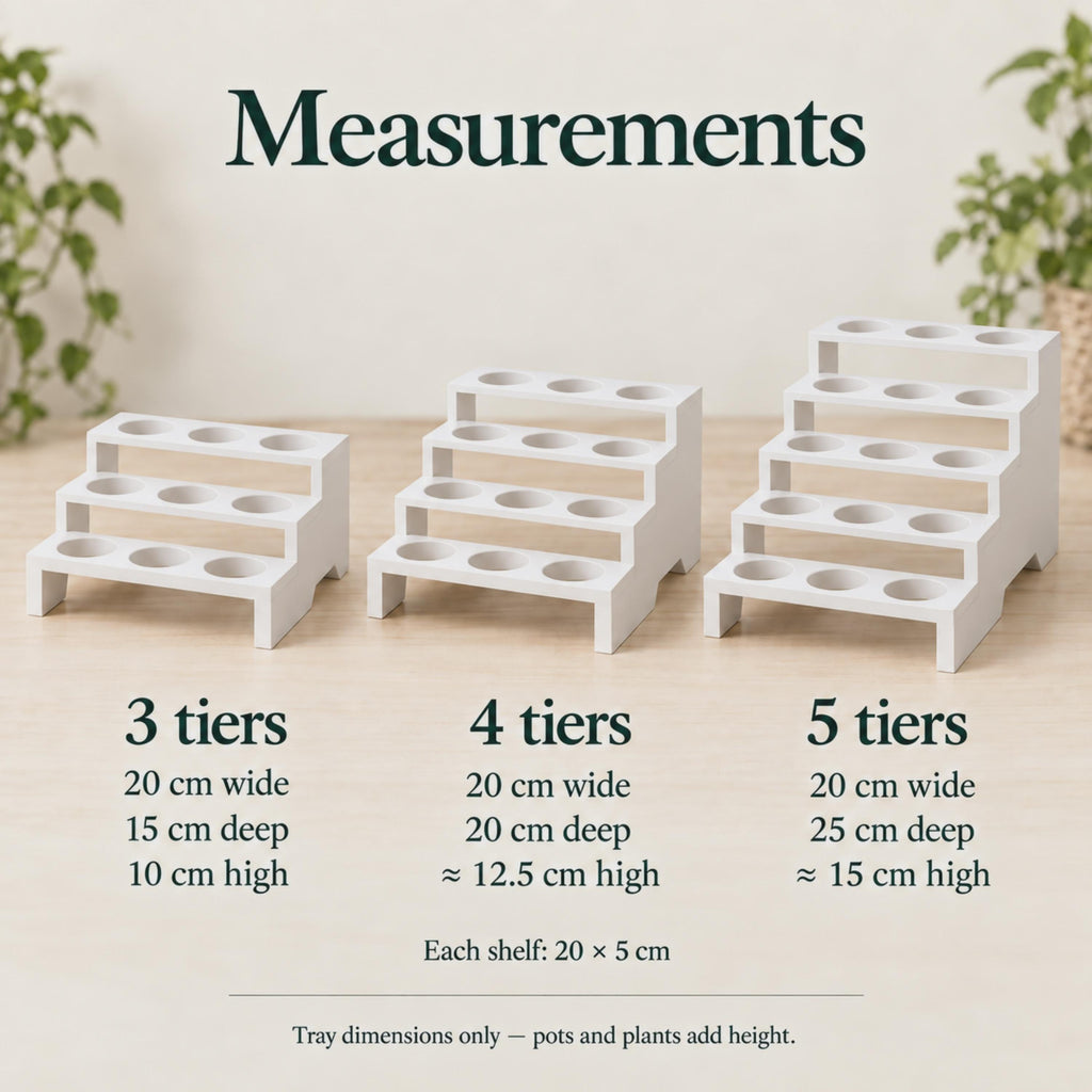Three white propagation stands compared by size: three tiers measure 20 × 15 × 10 cm, four tiers 20 × 20 × approximately 12.5 cm, and five tiers 20 × 25 × approximately 15 cm. Each horizontal shelf measures 20 × 5 cm.