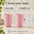 Purchase options showing a baby-pink outer cover alone, or a complete set comprising one cover plus a clear nursery pot with its ventilated humidity dome. Text highlights light blocking to help limit algae growth.