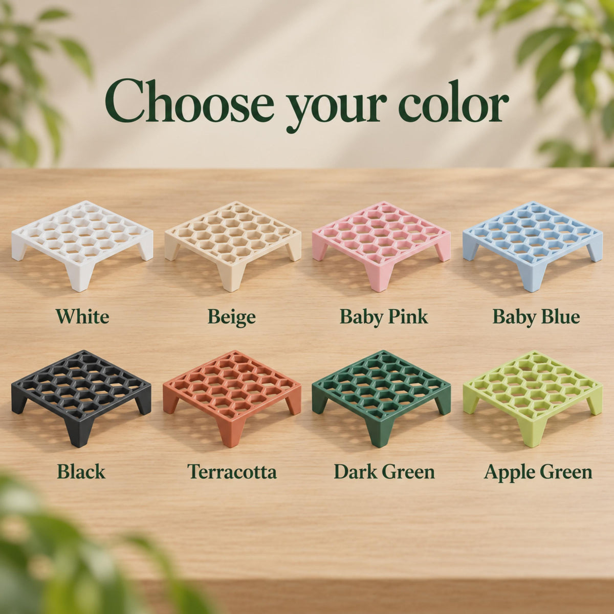 Square honeycomb corm risers shown without boxes in White, Beige, Baby Pink, Baby Blue, Black, Terracotta, Dark Green and Apple Green.