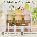 Front close-up of pastel self-watering pots seated through a white stepped plant stand. Their semi-clear reservoirs remain visible beneath the shelves. Variegated leaves rise above the pots. Text specifies 6.05 cm openings and easy removal for plant care.