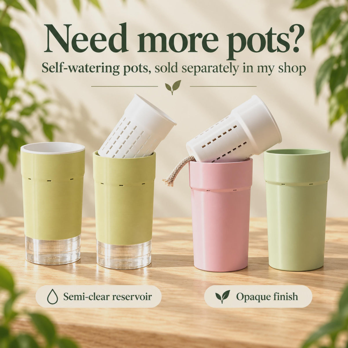Self-watering pots shown in two finishes: pistachio pots with semi-clear bottom reservoirs, and pink and green pots with opaque bodies. Angled white slotted inner pots reveal the removable inserts, including a beige wick. Available separately in the shop.