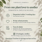 Variegata Nordica customer promises: dispatch from Denmark within three working days and a 30-day refund promise. Taxes and duties are prepaid for UK, Norway and Switzerland; US import charges are buyer-paid. Instagram: @variegata_nordica.