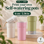 Digital download thumbnail labelled “STL + 3MF” and “6 cm / 2.36 in”. Cream, pink and green self-watering pots sit on a pale wooden surface. A white slotted insert and cotton wick demonstrate the removable inner pot; the green planter has a cloudy semi-clear reservoir.