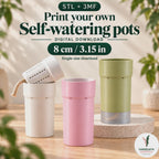 Thumbnail for the 8 cm (3.15 in) self-watering pot STL and 3MF download. Three slender planters in cream, pink and green show opaque and translucent reservoir finishes, with a white drainage insert tilted above the cream pot. Text specifies a single-size digital download.