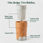 Exploded view of an orange self-watering pot with a white slotted inner basket and cotton wick. A diagonal split compares the opaque finish with a short semi-clear reservoir. Labels highlight root-zone ventilation, wick-fed watering and visible water levels beneath the heading “One design. Two finishes.”