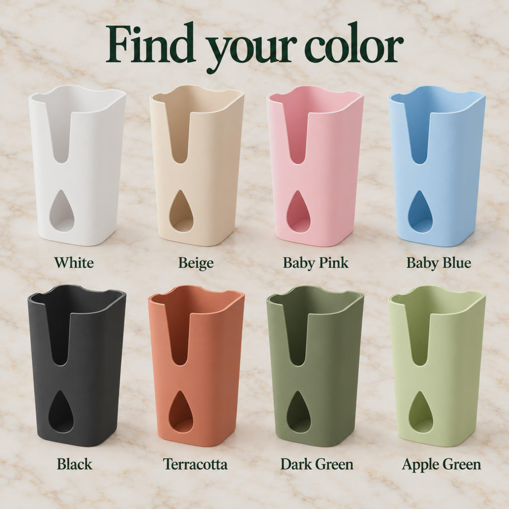 Slim pot covers with teardrop windows in white, beige, baby pink, baby blue, black, terracotta, dark green and apple green.