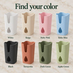 Slim pot covers with teardrop windows in white, beige, baby pink, baby blue, black, terracotta, dark green and apple green.