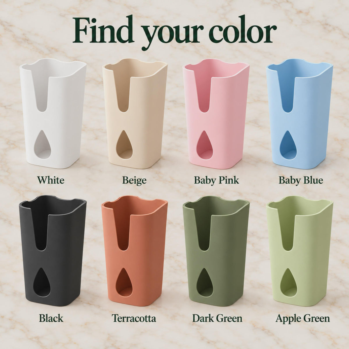Slim pot covers with teardrop windows in white, beige, baby pink, baby blue, black, terracotta, dark green and apple green.