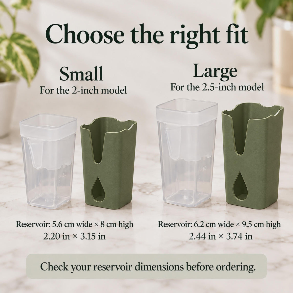 Small and large slim pot covers beside matching clear reservoirs, with dimensions in centimetres and inches.