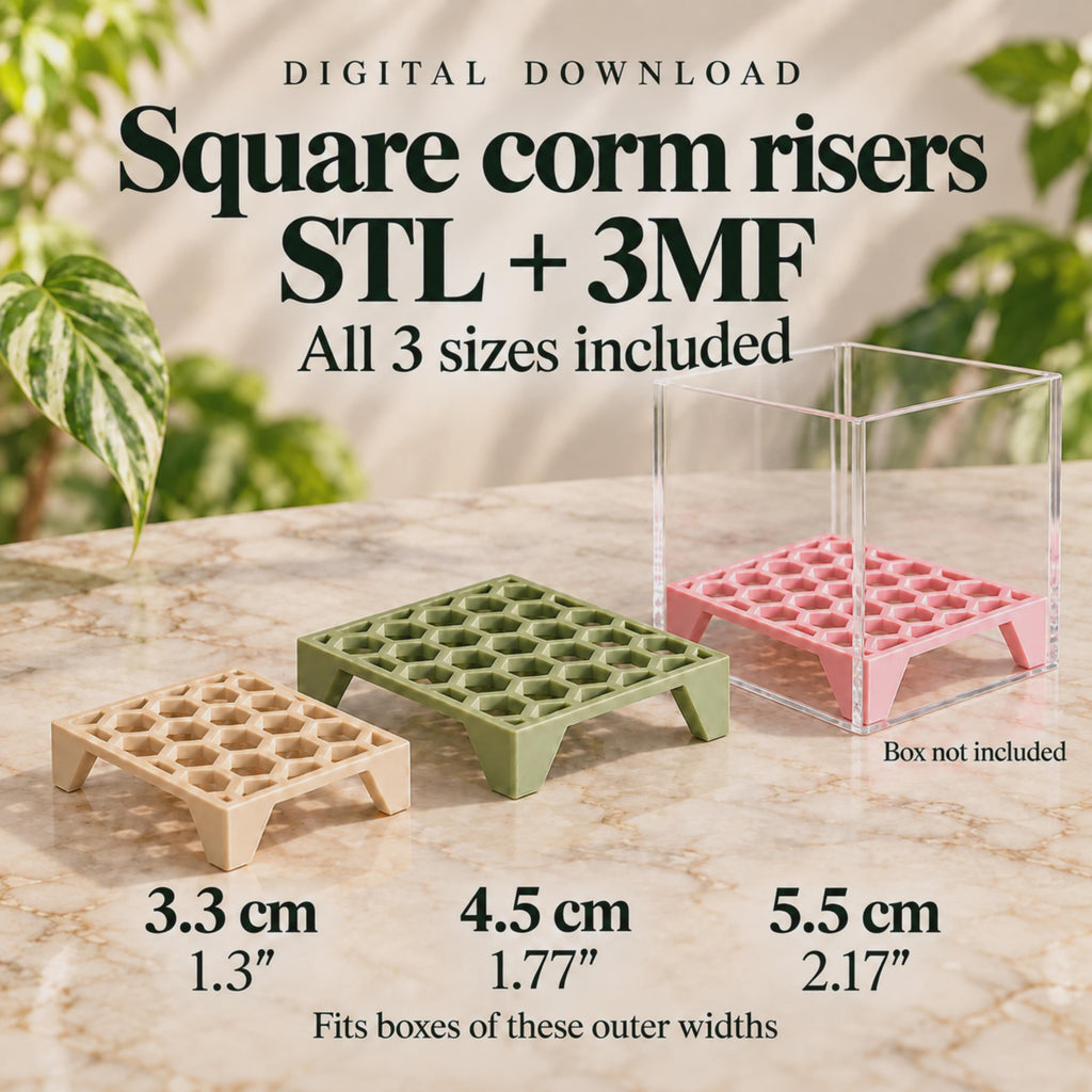 Three square corm risers in beige, green and pink, with the pink riser inside a clear acrylic cube. STL + 3MF digital download, three sizes included.
