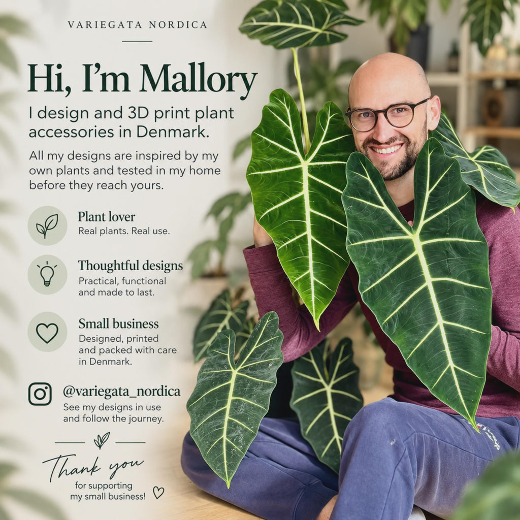 Variegata Nordica meet the maker slide showing the shop owner smiling among large green tropical leaves, with text explaining that the plant accessories are designed and 3D printed in Denmark, inspired by personal plant care experience, and inviting customers to follow @variegata_nordica.