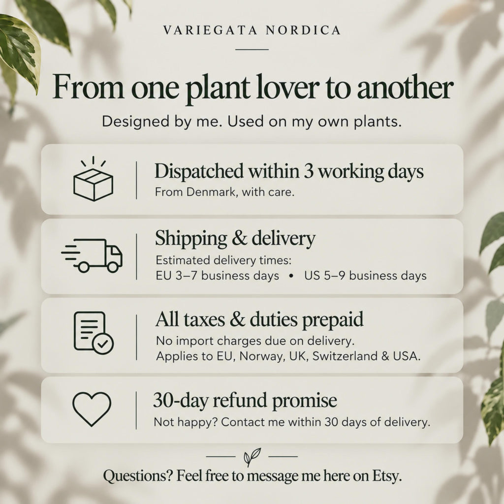 Branded Variegata Nordica Etsy information slide with a soft botanical background, stating dispatch within 3 working days from Denmark, estimated delivery times of 3–7 business days in the EU and 5–9 business days in the US, all taxes and duties prepaid, and a 30-day refund promise.