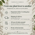 Branded Variegata Nordica Etsy information slide with a soft botanical background, stating dispatch within 3 working days from Denmark, estimated delivery times of 3–7 business days in the EU and 5–9 business days in the US, all taxes and duties prepaid, and a 30-day refund promise.