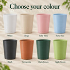 Eight tall, tapered pot covers in White, Beige, Baby Pink, Baby Blue, Black, Terracotta, Dark Green and Apple Green, each labelled beneath its matching colour.