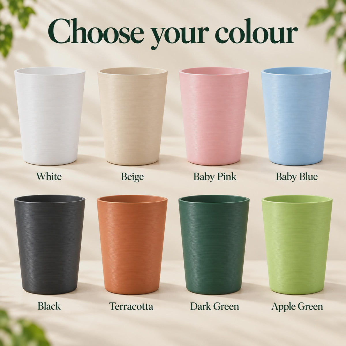 Eight tall, tapered pot covers in White, Beige, Baby Pink, Baby Blue, Black, Terracotta, Dark Green and Apple Green, each labelled beneath its matching colour.