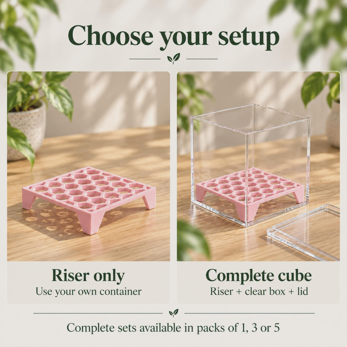 Comparison of a standalone pink corm riser and a complete clear acrylic cube with riser and lid, available individually or in packs.