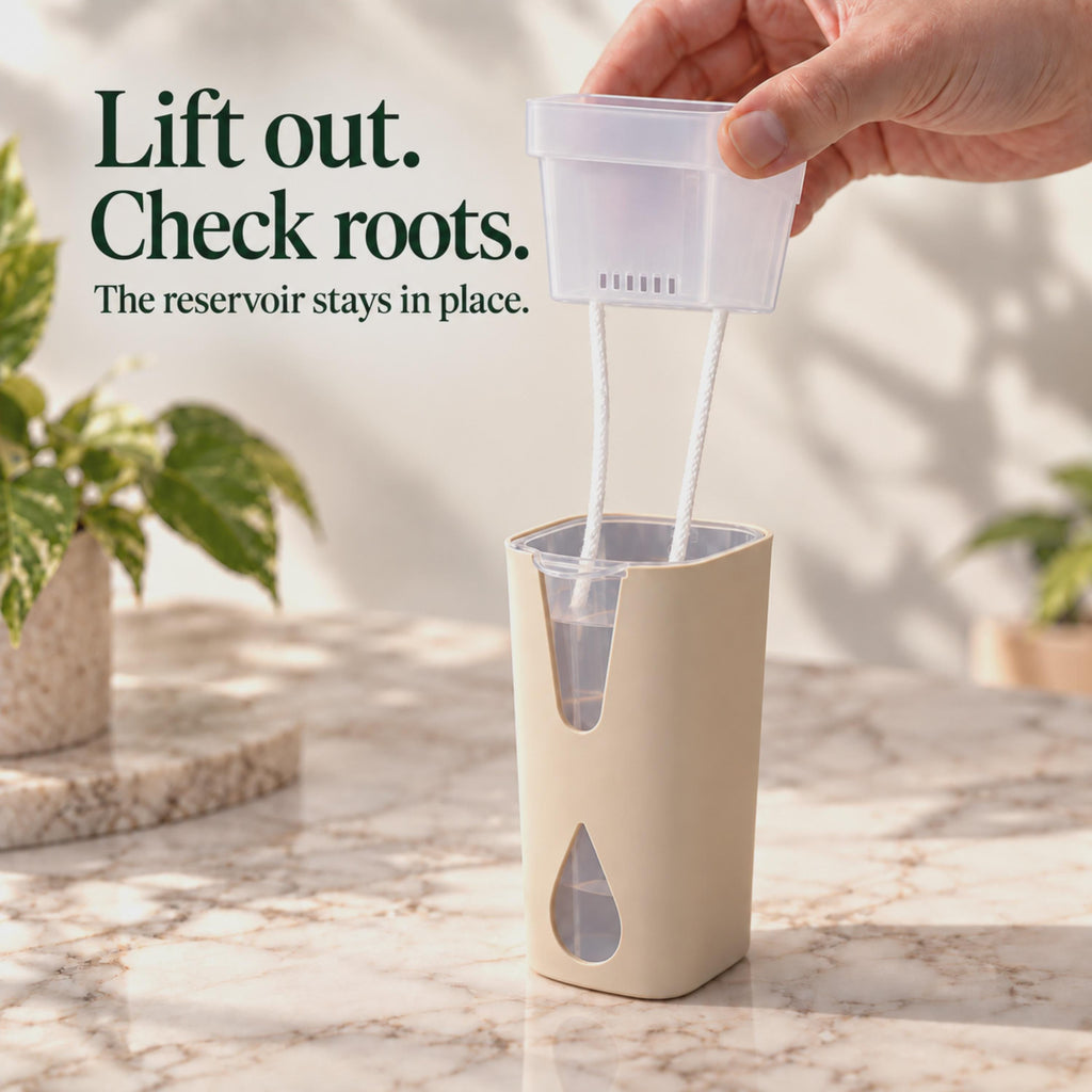 A hand lifts the short planting insert and cotton wicks while the clear reservoir stays inside the beige cover.