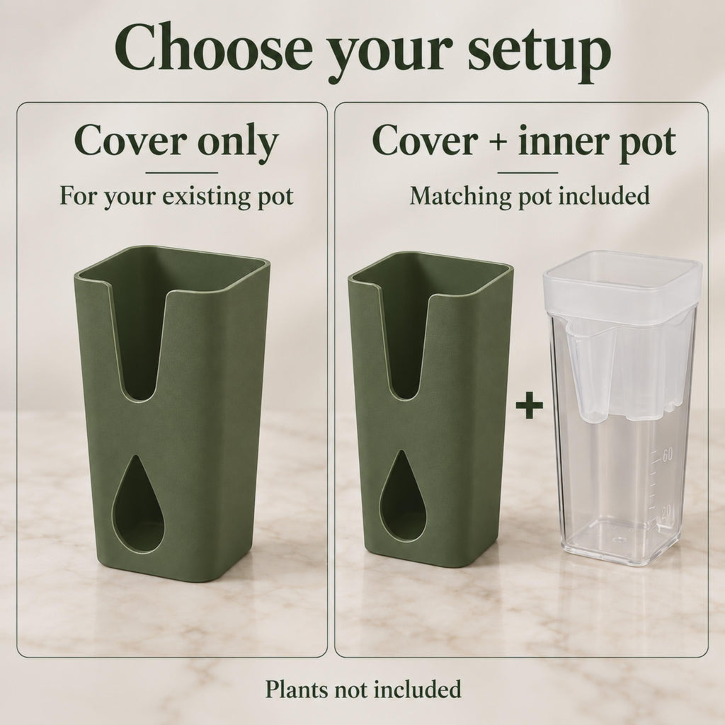 Olive green pot cover available alone or with a matching clear self-watering pot.