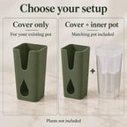 Olive green pot cover available alone or with a matching clear self-watering pot.