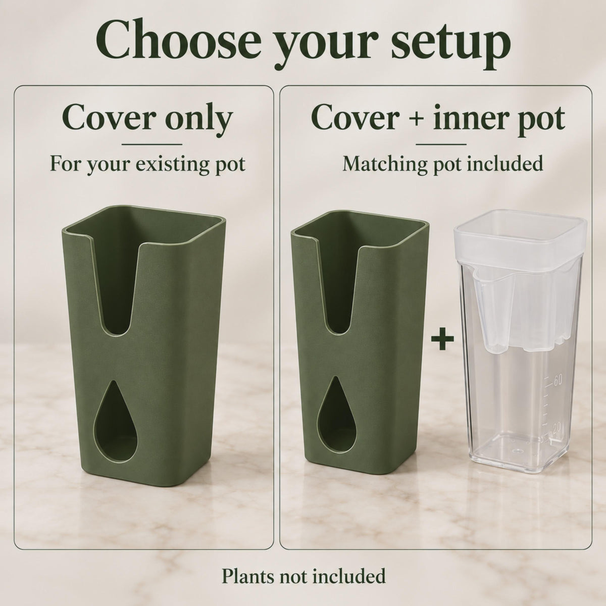 Olive green pot cover available alone or with a matching clear self-watering pot.