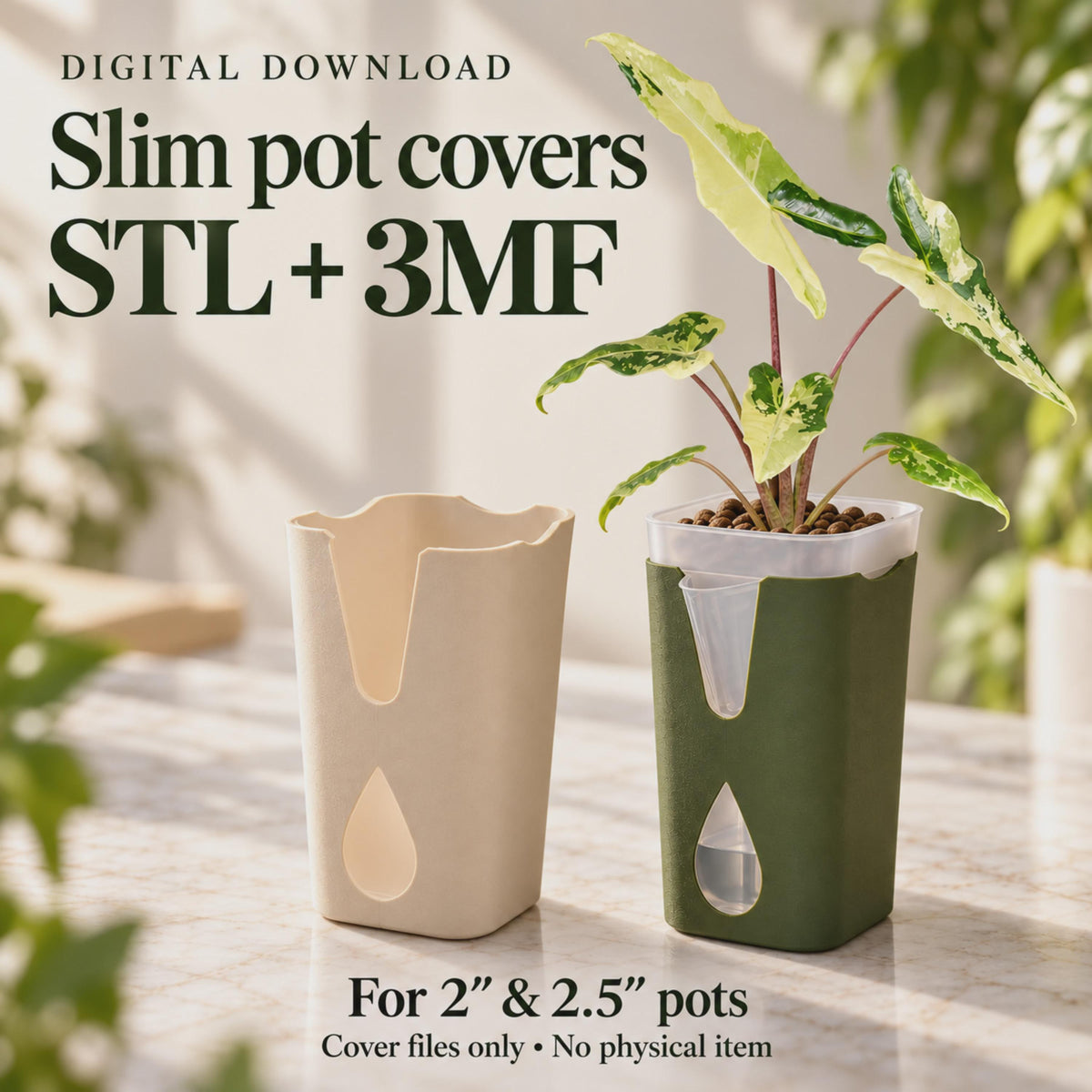 Self-Watering Pot Cover STL + 3MF | Water-Level Window | Fits 2″ & 2.5″ Pots | 3D Print Files