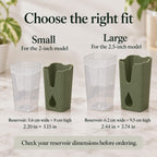 Small and large slim pot covers beside matching clear reservoirs, with dimensions in centimetres and inches.
